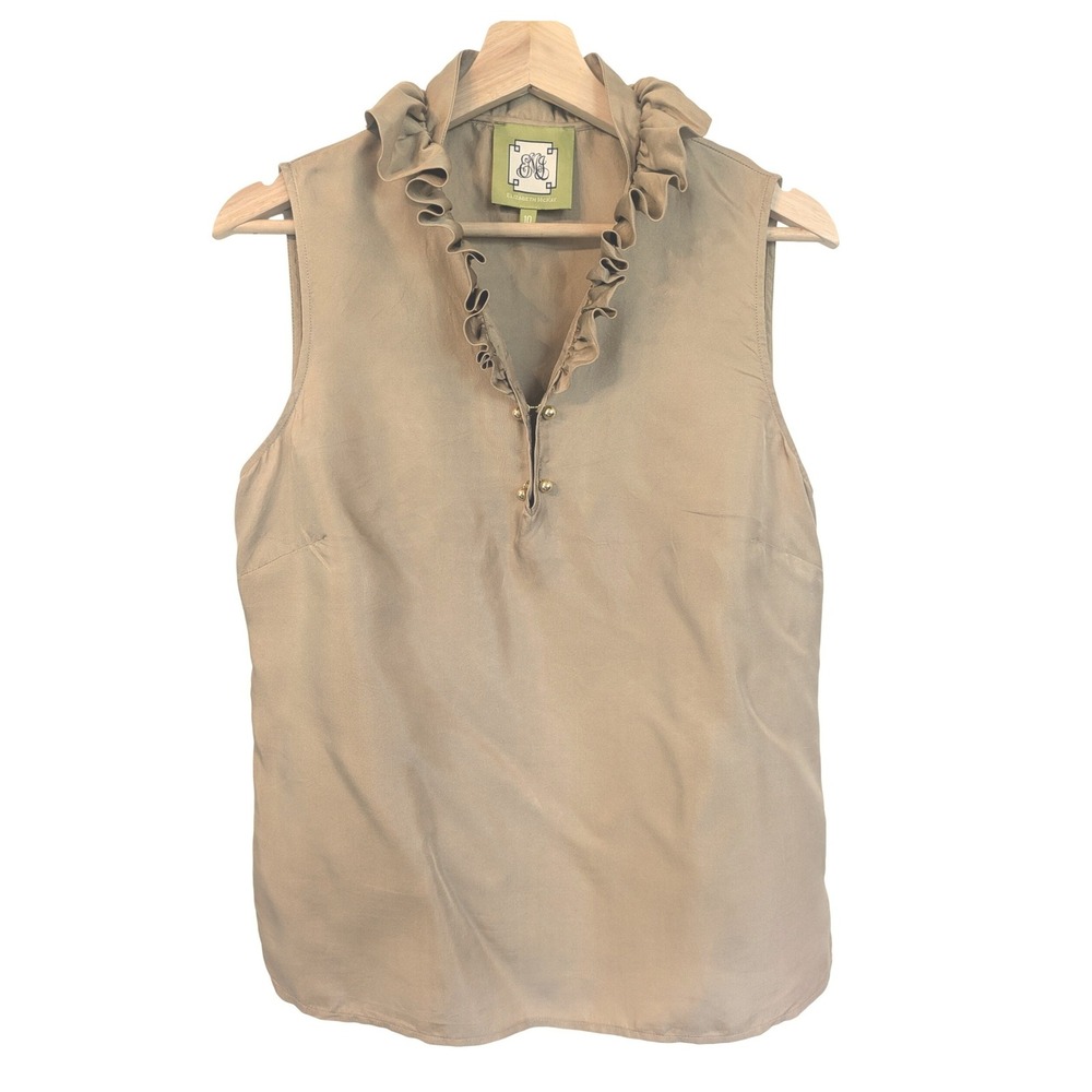 Elizabeth McKay Womens 100% Silk Ruffle Neck Sleeveless Blouse Tan Khaki Size 10
